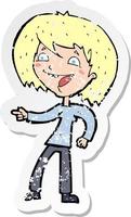 retro distressed sticker of a cartoon woman laughing and pointing vector