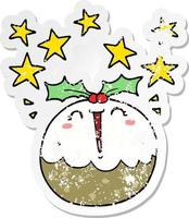 distressed sticker of a cute cartoon happy christmas pudding vector