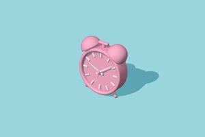 Alarm clock vintage with shadow rendering 3D. Pink alarm clock isolated on a green background. Top view. photo