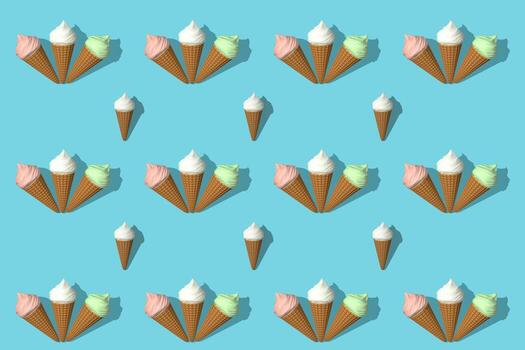 Seamless pattern of cones of multi-colored ice cream 3d rendering. Pink, white and green ice cream with shadow are isolated on blue background. photo