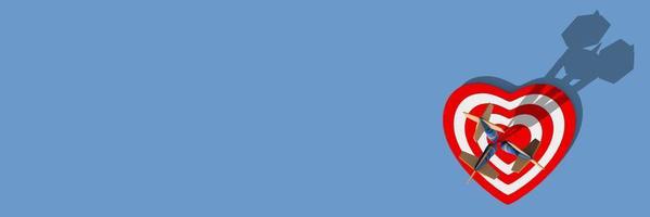 dardo azul 3d renderizado golpeado en el centro de la diana en forma de corazón. tres dardos multicolores golpean el centro del objetivo. larga sombra del sol de verano. Ilustración realista en 3d con espacio de copia. foto