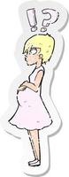 retro distressed sticker of a cartoon confused pregnant woman vector