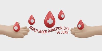 3D Rendering of hand and blood drop with red cross sign background, banner, card, poster with text inscription concept of world blood donation day. 3D Render illustration cartoon style. photo