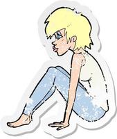 retro distressed sticker of a cartoon woman sitting vector