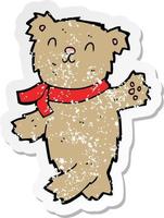 retro distressed sticker of a cartoon waving teddy bear vector