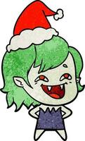 textured cartoon of a laughing vampire girl wearing santa hat vector