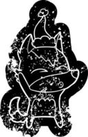 cartoon distressed icon of a wolf whistling wearing santa hat vector