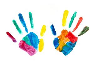 Hands painted, stamped on paper, colorful fun photo