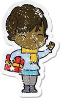 distressed sticker of a cartoon woman thinking vector