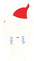 crying flat color illustration of a polarbear wearing santa hat vector