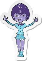 retro distressed sticker of a cartoon vampire girl vector