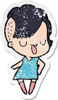 distressed sticker of a cute cartoon girl with hipster haircut vector