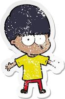 distressed sticker of a nervous cartoon boy vector