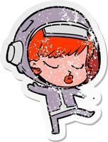 pegatina angustiada de una linda astronauta de dibujos animados bailando vector