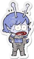 distressed sticker of a cartoon shocked alien girl vector