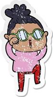 distressed sticker of a cartoon woman wearing spectacles vector