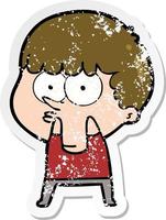 distressed sticker of a cartoon curious boy vector