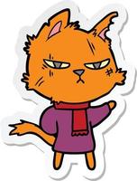 sticker of a tough cartoon cat in winter scarf vector