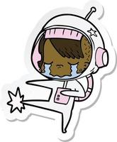 pegatina de una niña astronauta llorando de dibujos animados pateando vector