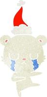 crying polar bear retro cartoon of a wearing santa hat vector