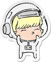 distressed sticker of a cartoon curious astronaut vector