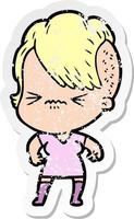 distressed sticker of a cartoon annoyed hipster girl vector