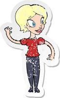 retro distressed sticker of a cartoon woman waving vector