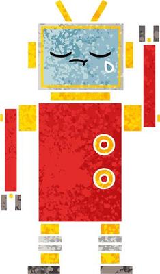 retro illustration style cartoon crying robot