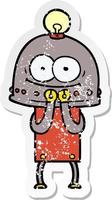 distressed sticker of a happy carton robot with light bulb vector