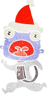retro cartoon of a weird alien running away wearing santa hat