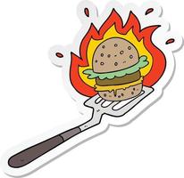 sticker of a cartoon burger on spatula vector