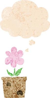 cute cartoon flower and thought bubble in retro textured style
