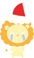 flat color illustration of a crying lion wearing santa hat vector
