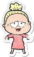 distressed sticker of a cartoon happy old lady vector