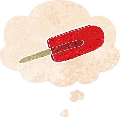 cartoon ice lolly and thought bubble in retro textured style