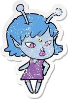 distressed sticker of a pretty cartoon alien girl vector
