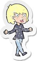 retro distressed sticker of a cartoon woman with open arms vector