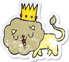 distressed sticker of a cartoon lion with crown vector