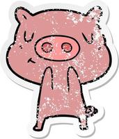 distressed sticker of a cartoon content pig vector