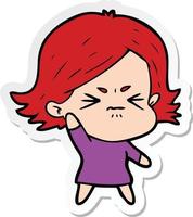 sticker of a cartoon angry girl vector