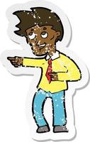 retro distressed sticker of a cartoon funny office man pointing vector