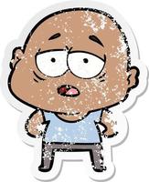 distressed sticker of a cartoon tired bald man vector