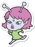 sticker of a pretty cartoon alien girl running vector