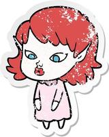 distressed sticker of a cartoon elf girl with pointy ears vector