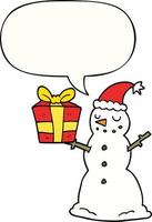 cartoon snowman and present and speech bubble vector