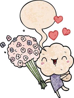cute cartoon cloud head creature and speech bubble in retro texture style