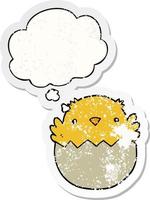 cartoon chick hatching from egg and thought bubble as a distressed worn sticker vector