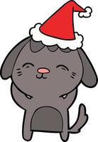 happy line drawing of a dog wearing santa hat vector