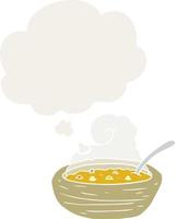 tazón de dibujos animados de sopa caliente y burbuja de pensamiento en estilo retro vector