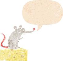 cartoon mouse sitting on cheese and speech bubble in retro textured style vector